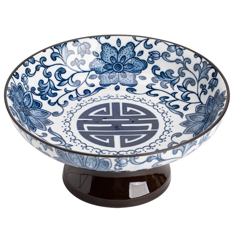 仿古青花陶瓷高脚茶点水果干果盘