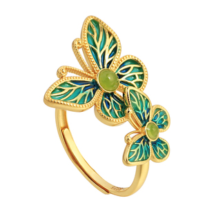 天然和田玉纯银蝴蝶食指戒指女 活口金镶玉国风珐琅18k包金高级感