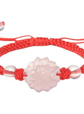 天然粉晶狐狸红绳手链女本命年