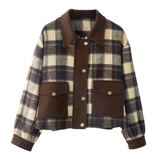 时尚格子纹拼接撞色夹棉毛呢外套女2025秋冬季小香风加厚短款大衣