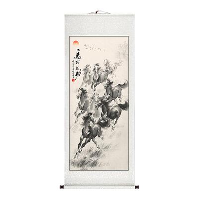 八骏图马到成功卷轴挂画支持定制