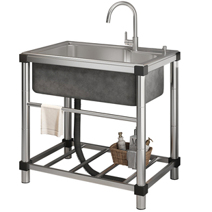 加厚厨房水槽大单槽不锈钢洗菜盆带支架户外室外阳台落地洗手水池