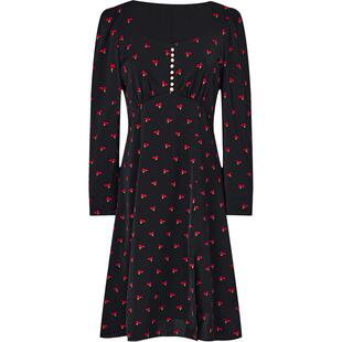 曼德诗黑红花下摆开叉长款连衣裙2026春季温柔樱桃印花气质长裙