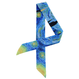 Fei 家丝绸春季梵高油画绑包包长丝带女士百搭领巾飘带腕带小丝巾