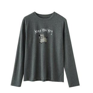 初春款 180g女士磨毛小马印花长袖打底衫  圆领百搭上衣 女装