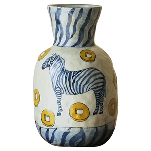 马上有钱景德镇陶瓷花瓶中古风水培客厅插花手绘马年乔迁装饰摆件