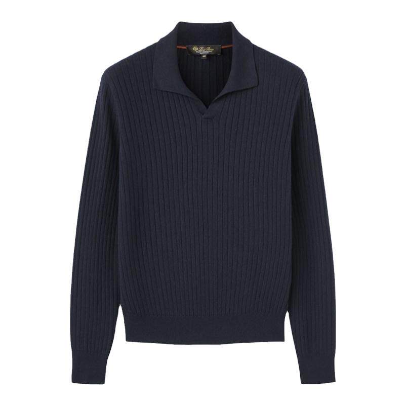 LoroPiana/诺悠翩雅男士T恤罗纹羊绒平领口合身剪裁西装内搭新款