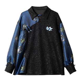 宝诗黎国风印花亮丝拼接卫衣2026春季设计感宽松休闲女装上衣潮