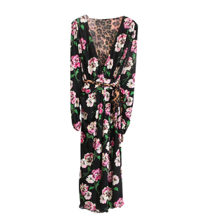 省3K~对比有惊喜!三层网纱!三色堇豹纹花束双面穿印花裹身裙秋