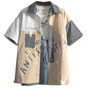soinku短袖衬衫男生夏季潮流宽松衣外套男装日系工装大码衬衣