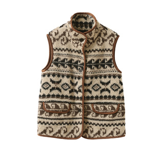 popchrio◆复古费尔岛立领仿羊羔毛绒夹棉马甲加厚保暖马夹女秋冬