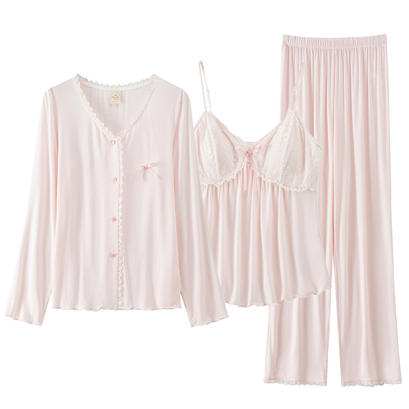 RoseTree莫代尔睡衣三件套春秋女款长袖性感纯欲家居服套装带胸垫