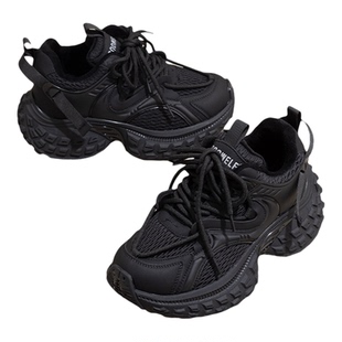 厚底老爹鞋女款2026新款春季网面透气休闲鞋黑色内增高软底运动鞋