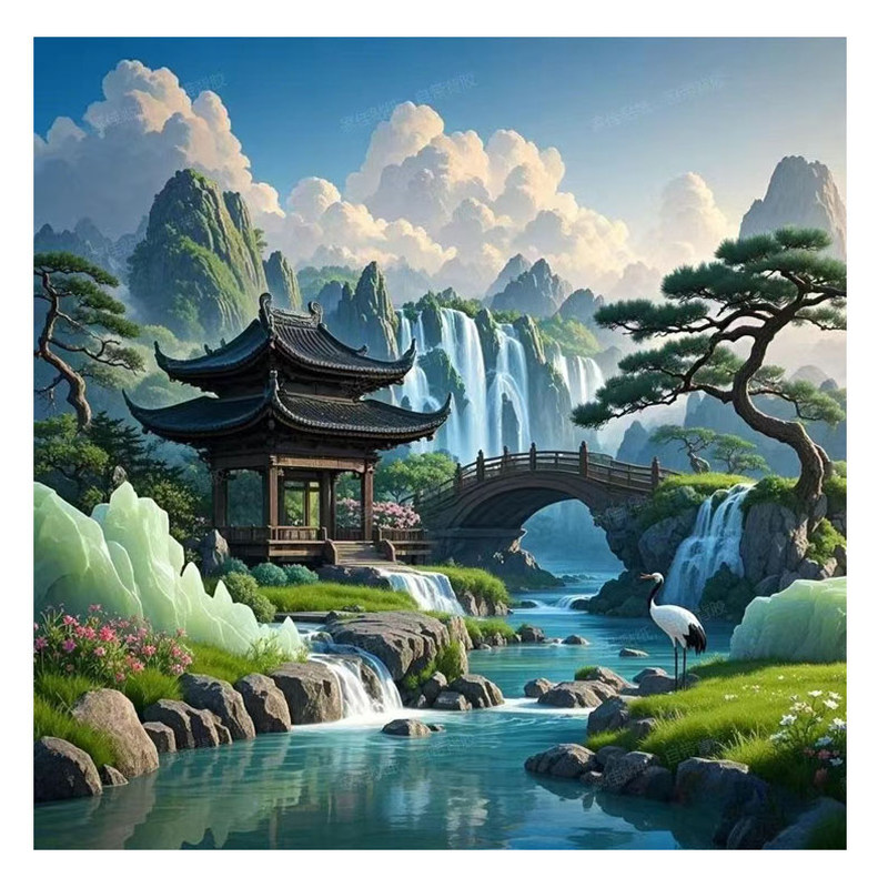 中式山水自粘防水客厅背景墙贴