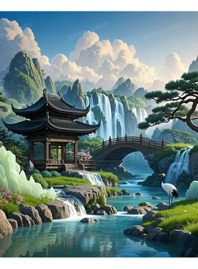中式山水自粘防水客厅背景墙贴