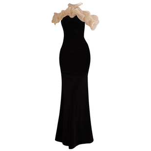 宴会气质晚礼服裙女年会黑色鱼尾裙法式高端轻奢一字肩主持人高级