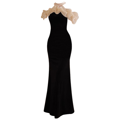 慕樱秀法式挂脖鱼尾裙黑色晚礼服