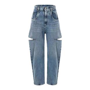 王心凌同款蓝色刀割破洞直筒牛仔裤女夏季高腰宽松显瘦阔腿长裤子