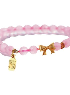 天然粉晶手链手串纯银蝴蝶结手饰