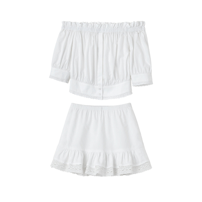 韩雨嘉白色绝美一字肩短袖上衣女夏季法式气质荷叶边显瘦半裙套装