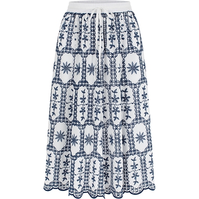 蓝白拼色植物印花系带A字半身裙