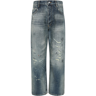 LEZORA重工vintage车线破坏 粉色泼墨赤耳大直筒牛仔裤男cone美国