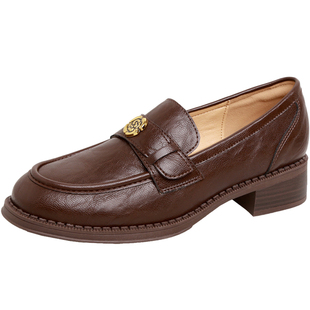 软底山茶花乐福鞋女2026金扣中跟单鞋棕色英伦复古粗跟厚底小皮鞋