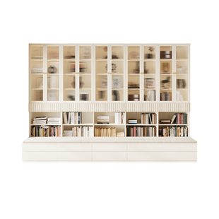 实木定制卡座书柜一体整墙客厅橡木玻璃展示柜满墙置储物落地书架