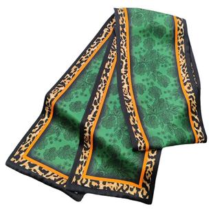 豹纹春夏季百搭绿色丛林仿真丝丝巾女长条领巾绑包包飘带细窄围巾