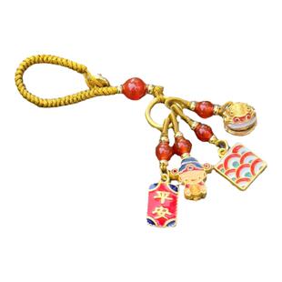代请 财神招财钥匙扣珐琅古法金龙铃铛红玛瑙纳福吉祥背包包挂件