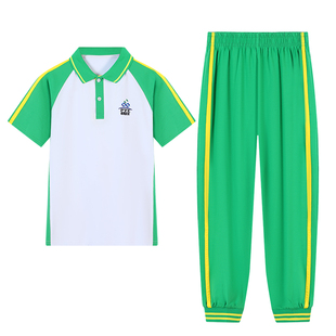 广州番禺区中小学生校服男女运动套装纯棉短袖t恤绿色短裤薄长裤