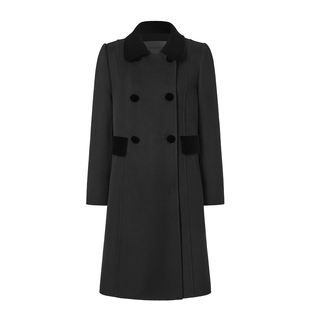 VGRASS25秋冬新款羊毛混纺双面呢局部拼接丝绒小A型中长款大衣