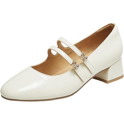 百思图2025秋季新款法式牛皮白色玛丽珍鞋粗跟女浅口单鞋C5781CQ5