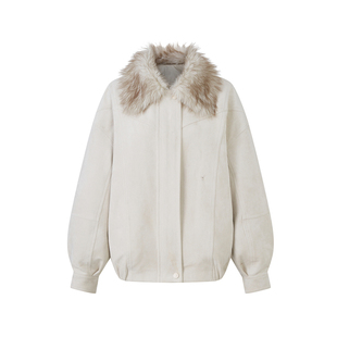 ByYou 冬季毛领白色麂皮绒外套女白鸭绒内胆羽绒服加厚皮草派克服