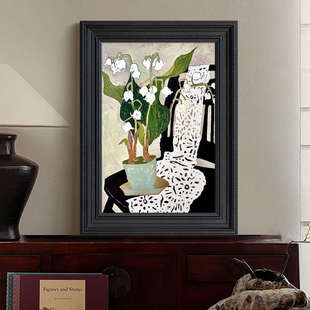 手绘油画马蒂斯静物客厅卧室装 黑白色花卉玄关中古摆件 饰挂画法式