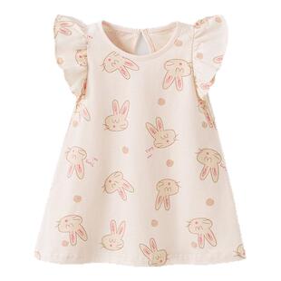 童泰宝宝短袖连衣裙夏季薄款纯棉儿童睡衣女童飞袖可爱家居服睡裙