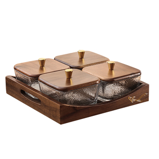 北美胡桃水果盘轻奢高档玻璃茶几糖果分格干果盘客厅家用零食盘