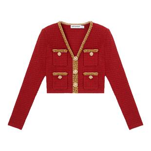 [新年开运红]self-portrait 早春红色钻扣金色饰边针织上衣