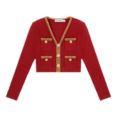 self-portrait酒红长袖针织上衣