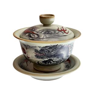 汝瓷手绘墨龙三才大盖碗手工汝窑茶碗开片可收藏省工大师定制款