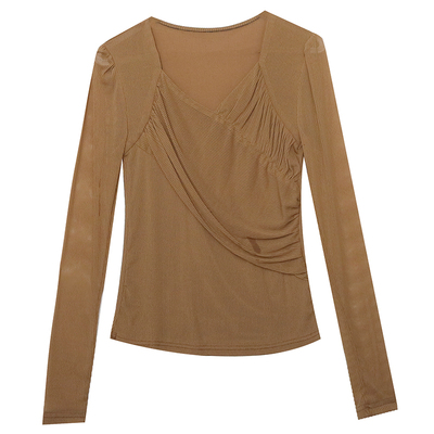 性感网纱打底衫长袖时尚交叉上衣