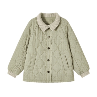 飞鸟和新酒2025冬季新款肌理感拼接立领宽松保暖厚绿色棉衣外套