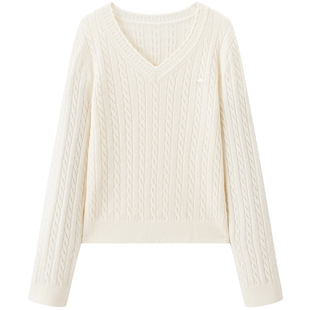 【7-day】乐町绞花宽松毛衣女冬季新款内搭上衣花边V领毛针织衫