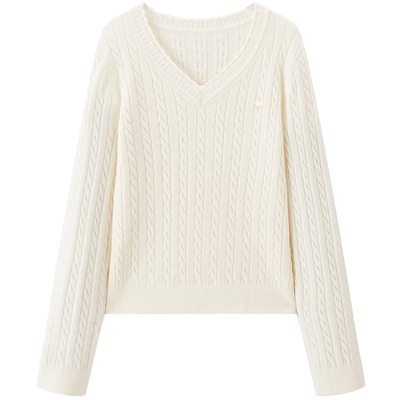 【7-day】乐町绞花宽松毛衣女冬季新款内搭上衣花边V领毛针织衫