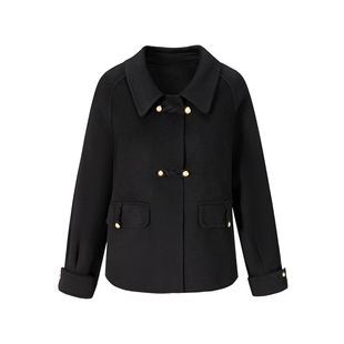 郁香菲简约短款双面呢羊毛外套女冬季通勤时尚翻领盘扣毛呢大衣