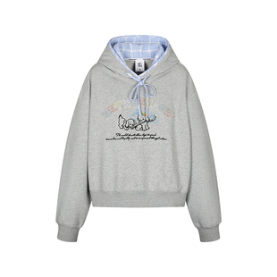 BETWEENAND 灰色小狗刺绣蓝色格纹帽子宽松上衣卫衣女秋秋季休闲