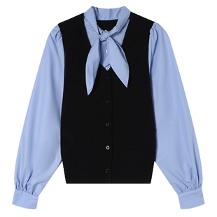 白鹿语撞色假两件马甲拼接衬衫上衣26春款减龄洋气系带针织衫