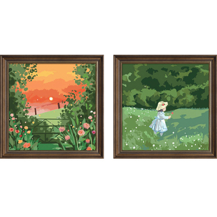 美式餐厅装饰画小清新油画卧室儿童房卡通挂画风景壁画治愈系装饰