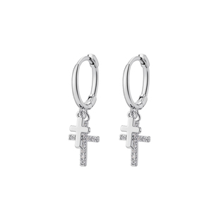 双十字架耳环男款小众锆石吊坠耳钉轻奢男生潮流耳坠男士耳扣耳饰