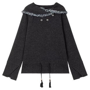 KEIKO 小众设计毛边翻领卫衣女2026早春复古静雅抽绳收腰长袖上衣